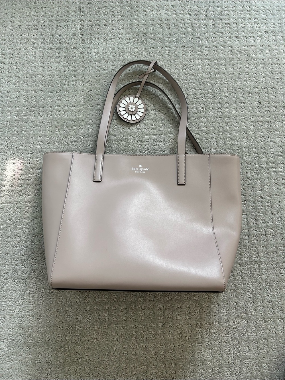 Kate Spade Taupe Leather Double-Handle Tote with Flower Charm